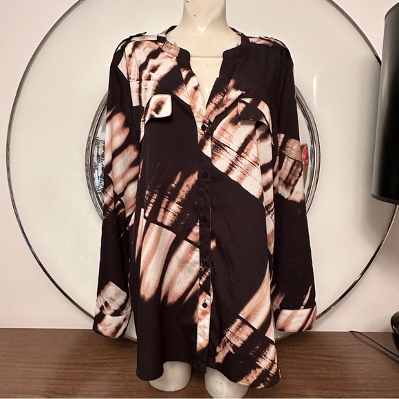 Calvin Klein Modern Graphic Top Blouse XL Multicolor Long Roll Tab Sleeve Black - Picture 10 of 14